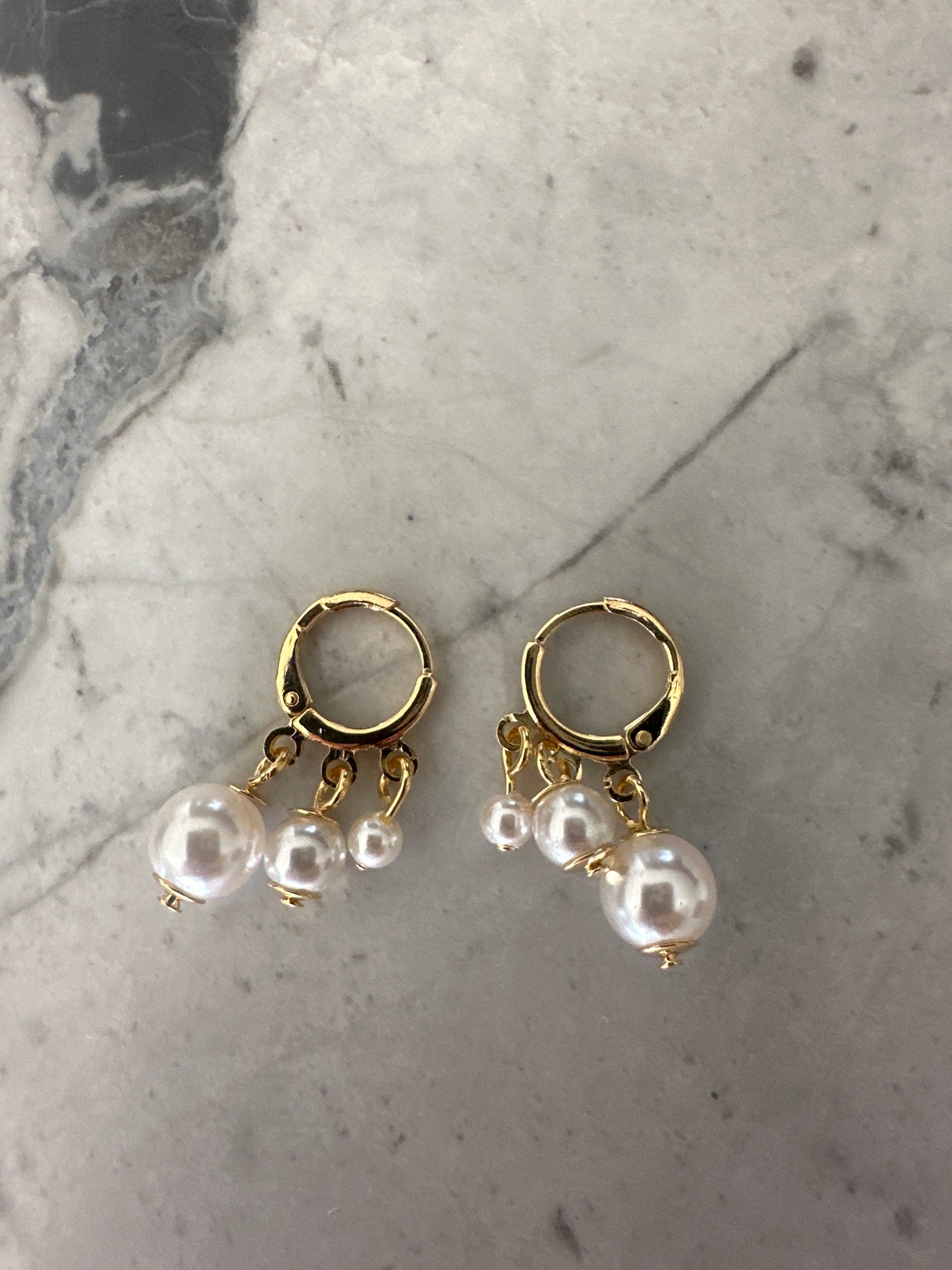 Triple Pearl Classic Round Hoop Earrings Gold