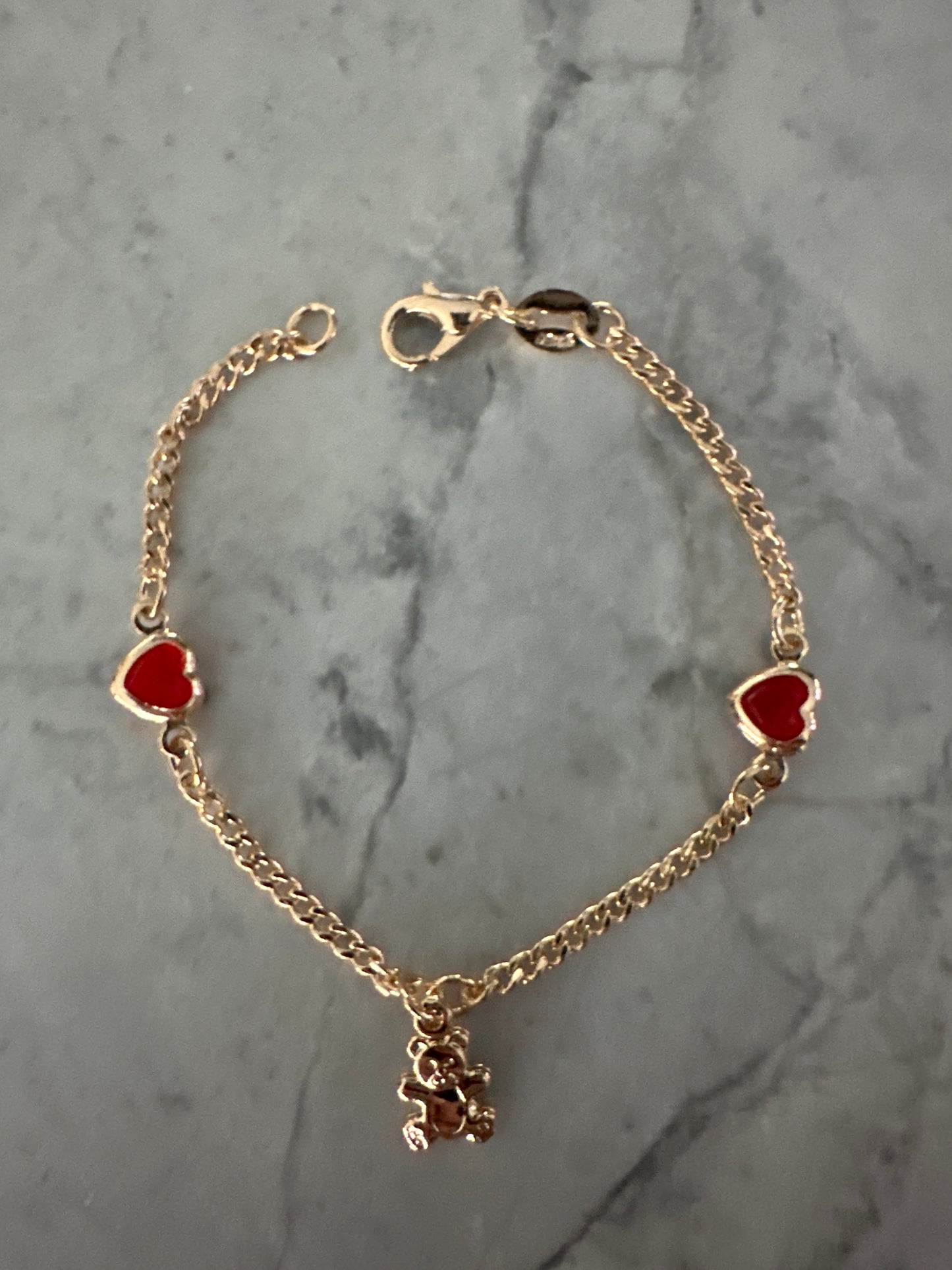 Kids Teddy & Red Gem Heart Bracelet Gold