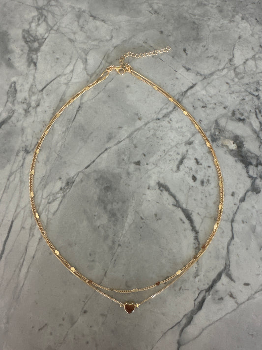 Double Chain Tiny Heart Stacked Gold Necklace