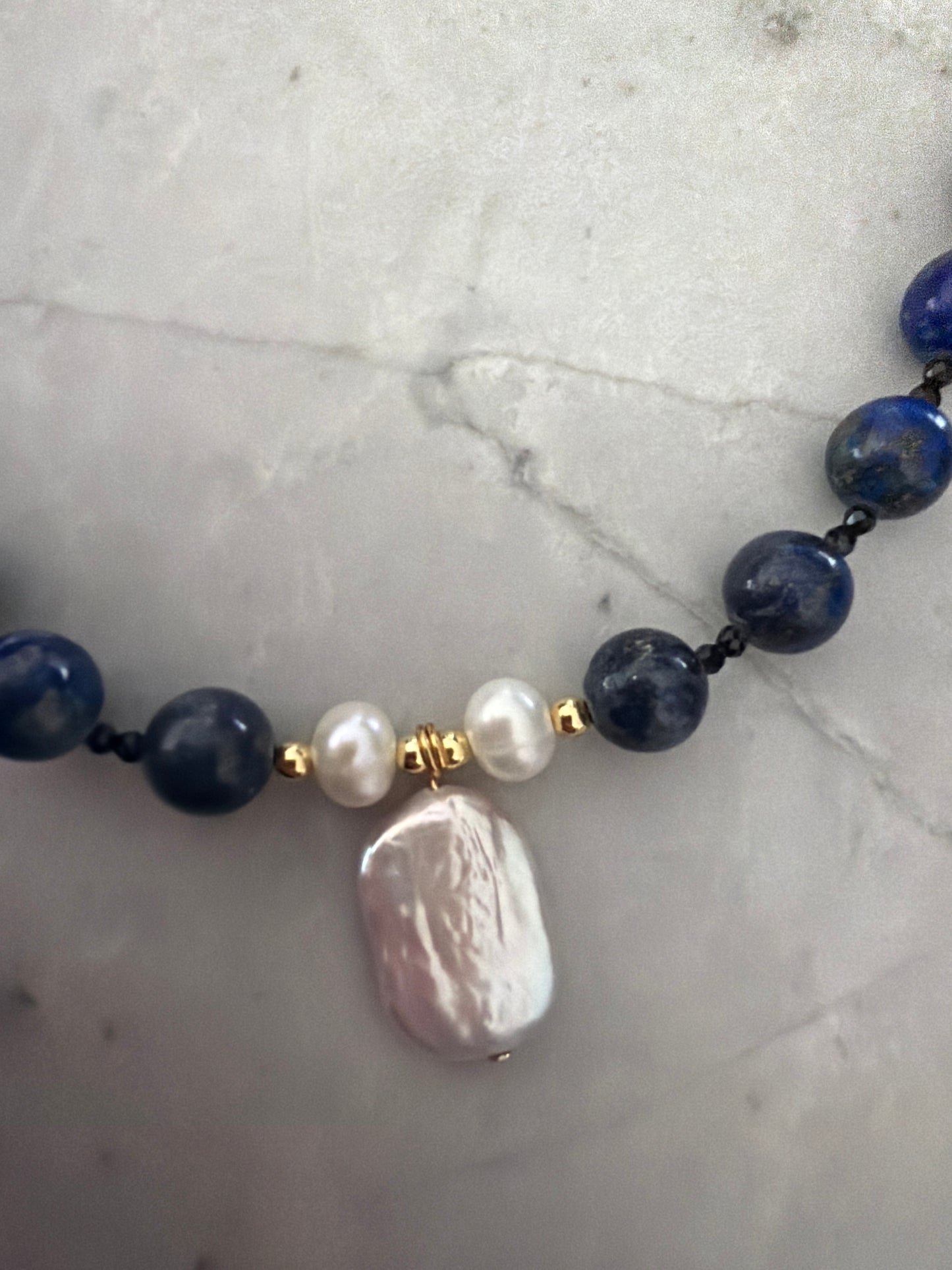 Midnight Lapis Natural Pearl Necklace | 24k Gold-Coated