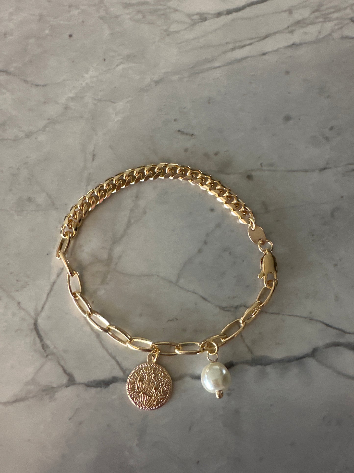 Coin Pearl Curb Combo Chain Bracelet Gold