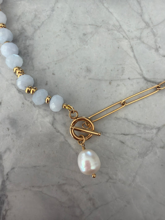 Pale Grey Blue Beaded Statement Necklace with Pearl Pendant - feature clasp