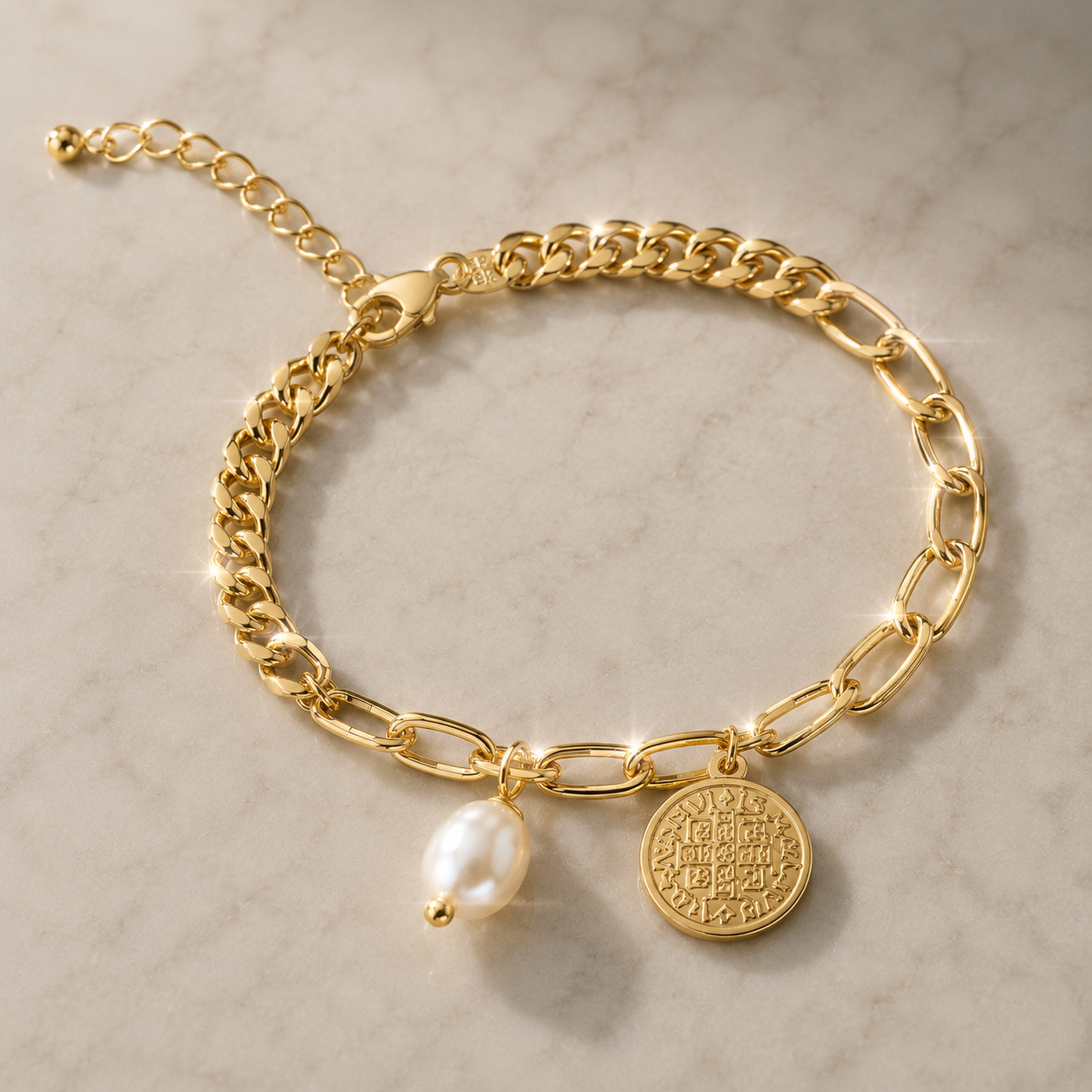 Coin Pearl Curb Combo Chain Bracelet Gold