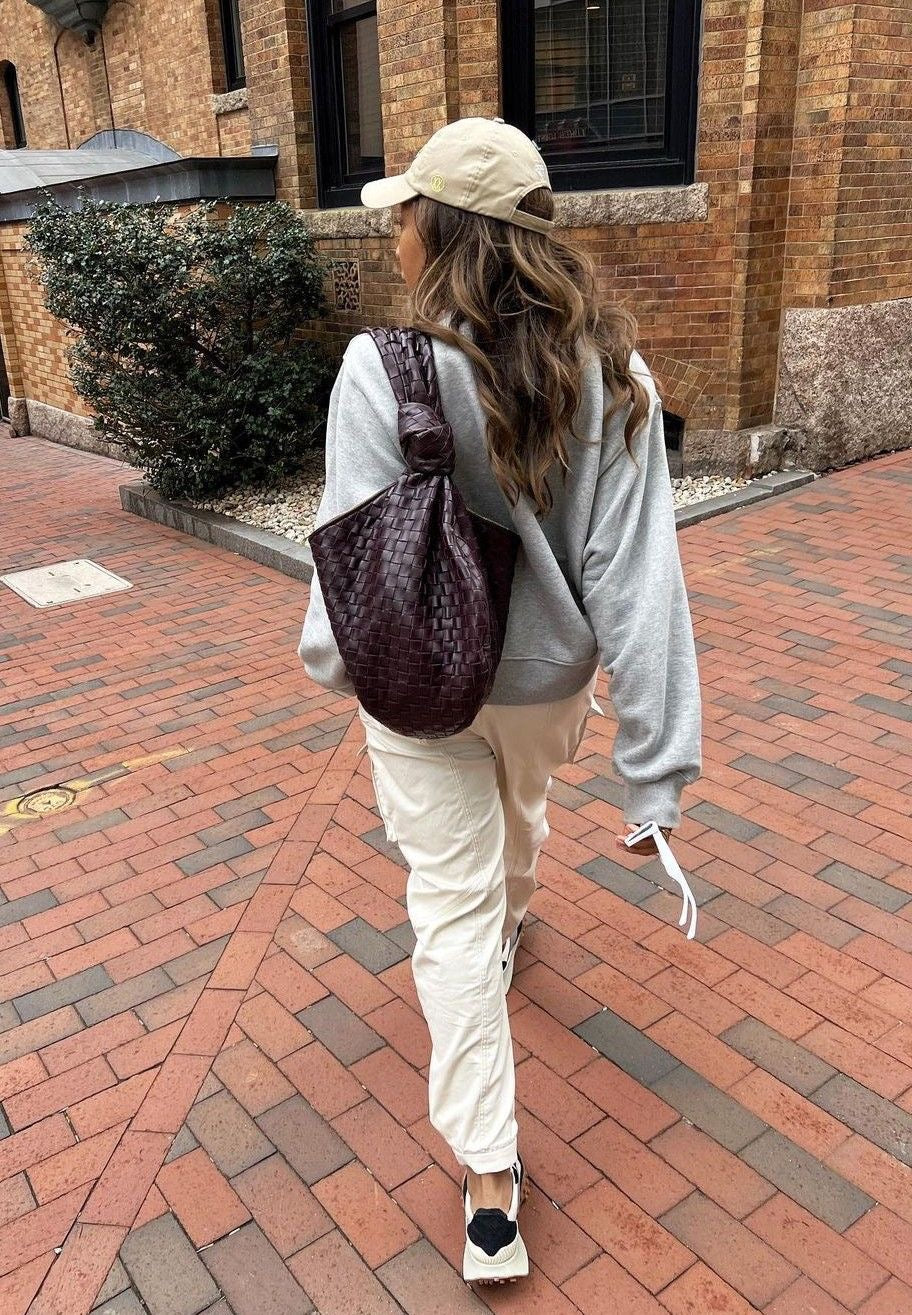 Genuine Leather Weave Bag with Knot - Burgundy
