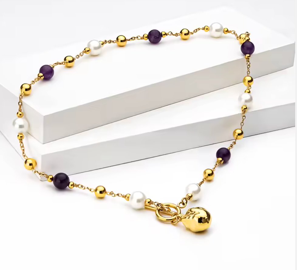 Natural Pearls & Amethyst Stone Necklace — Gold Pendant | 18K Gold