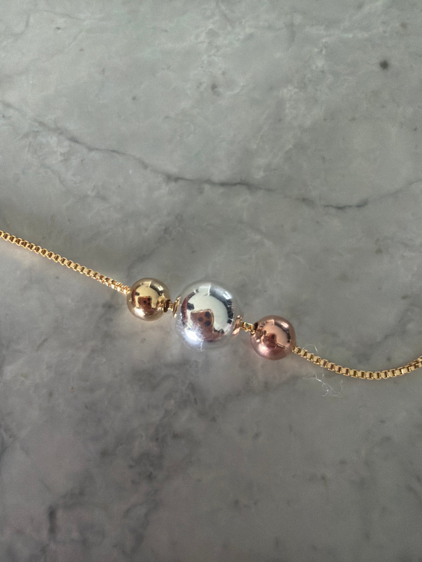 Triple tone rose gold silver and gold necklace in 18k gold-filled chain, 18” + extender, sample sale