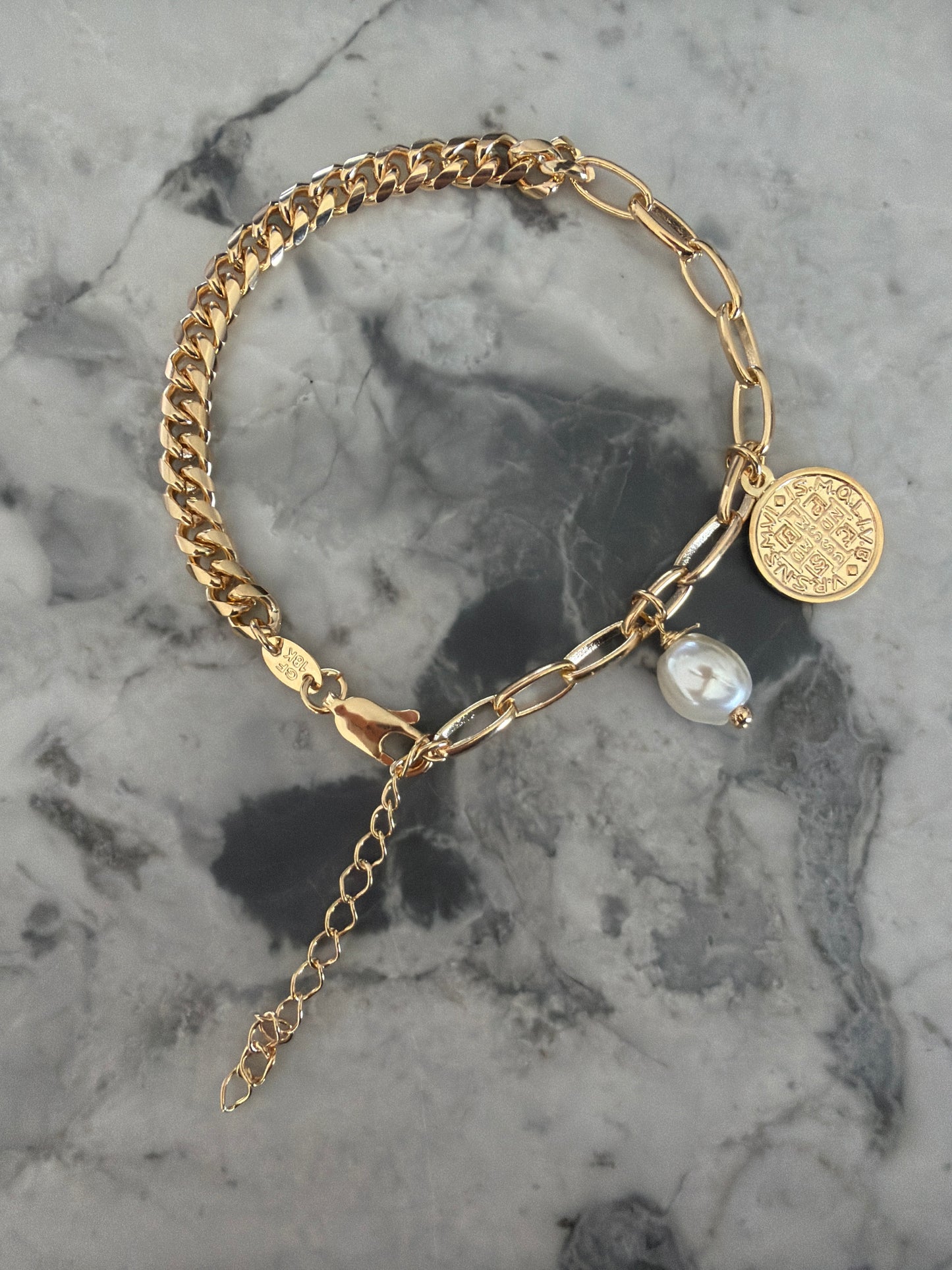 Coin Pearl Curb Combo Chain Bracelet Gold