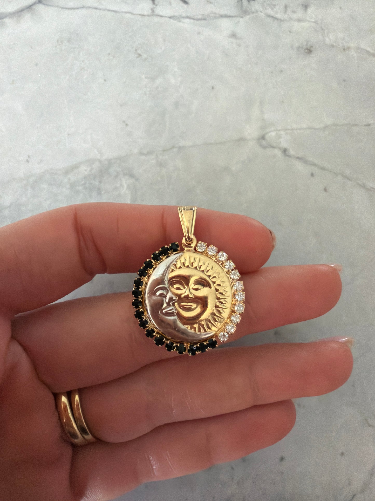 Sun moon two toned gemmed pendant