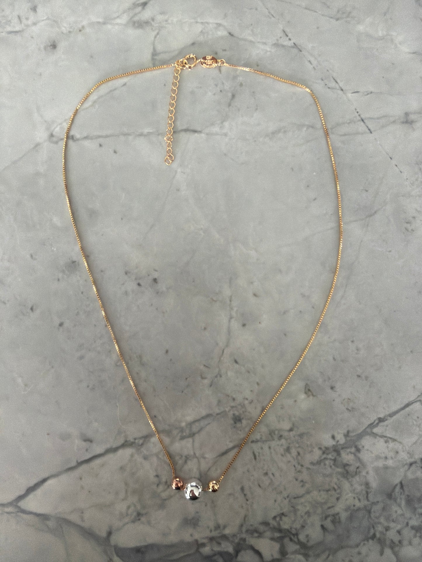 Triple tone rose gold silver and gold necklace in 18k gold-filled chain, 18” + extender, sample sale