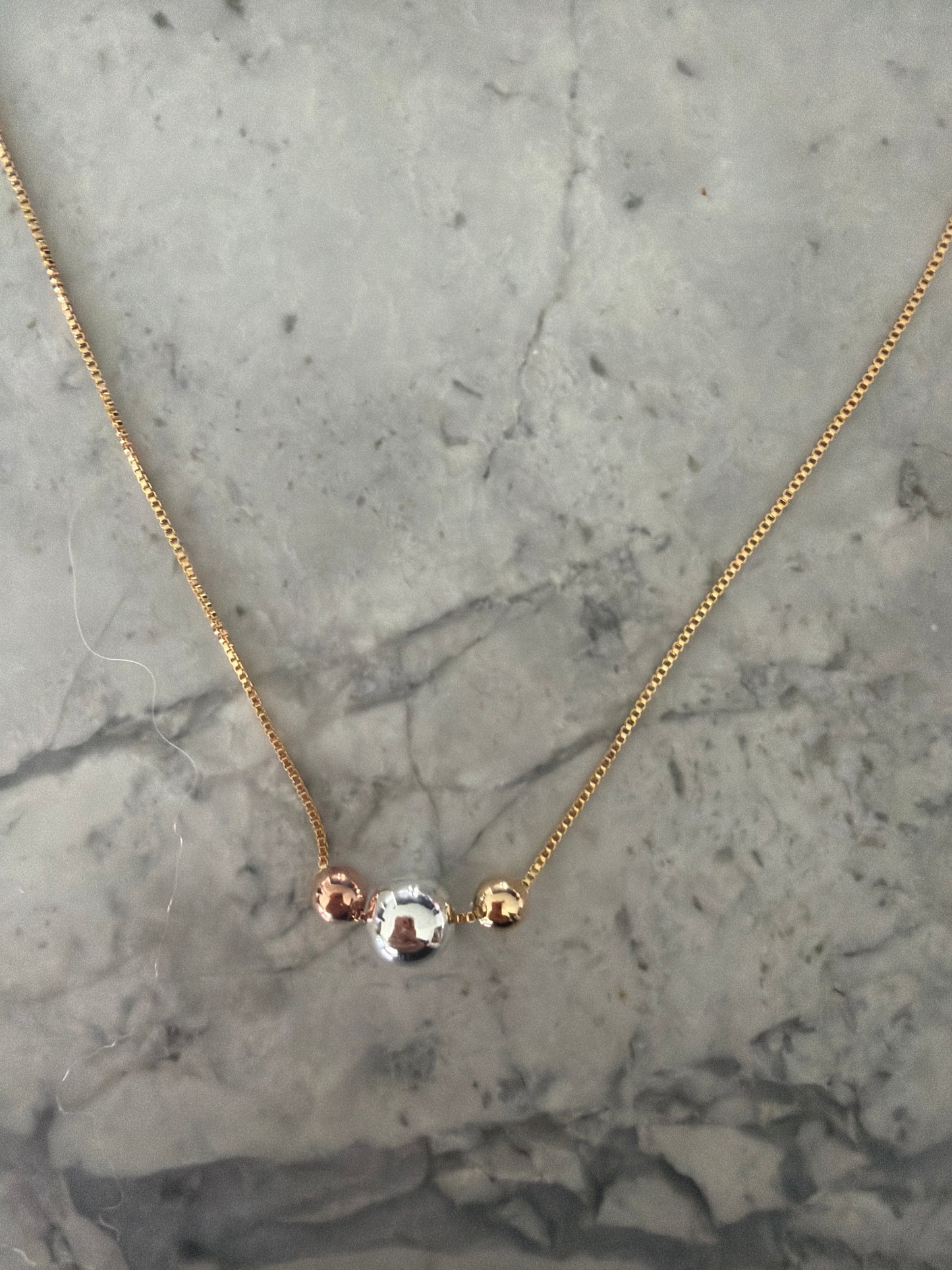 Triple tone rose gold silver and gold necklace in 18k gold-filled chain, 18” + extender, sample sale