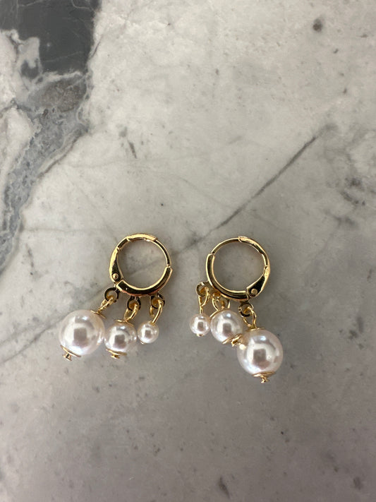 Triple Pearl Classic Round Hoop Earrings Gold