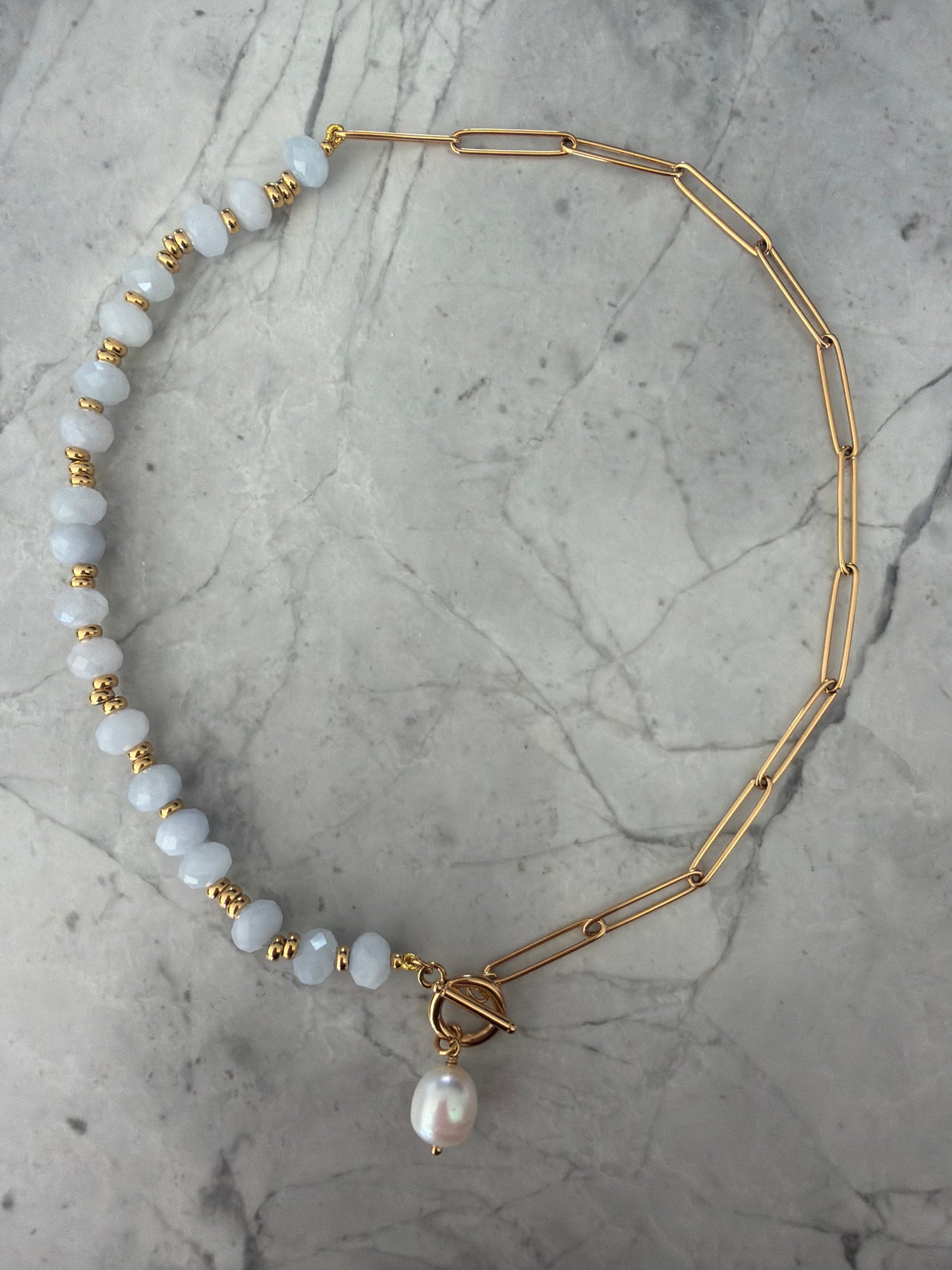 Pale Grey Blue Beaded Statement Necklace with Pearl Pendant - feature clasp
