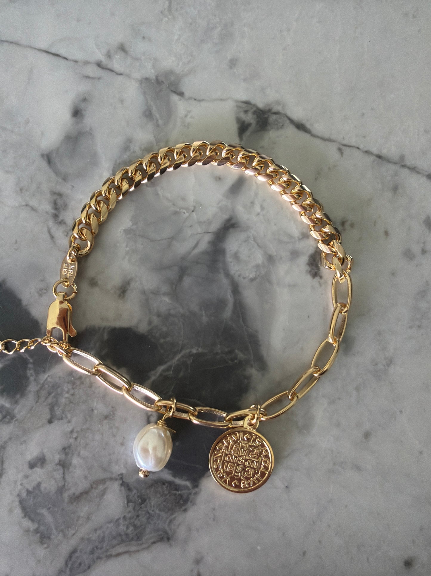 Coin Pearl Curb Combo Chain Bracelet Gold
