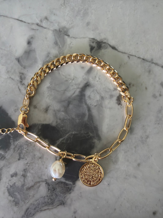 Coin Pearl Curb Combo Chain Bracelet Gold