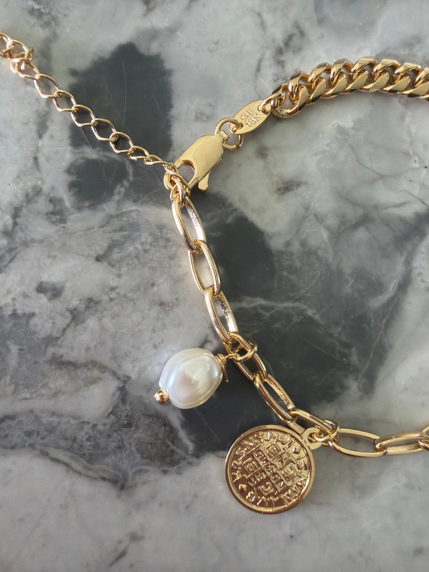 Coin Pearl Curb Combo Chain Bracelet Gold