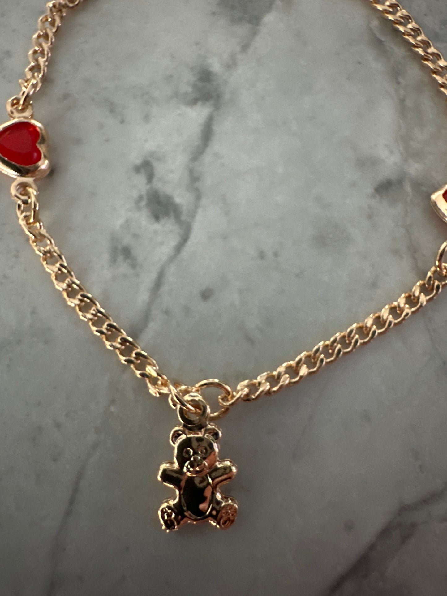Kids Teddy & Red Gem Heart Bracelet Gold