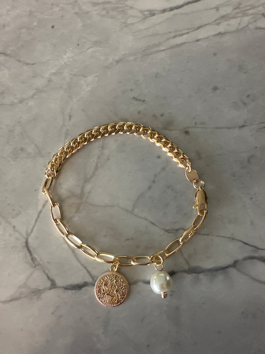Coin Pearl Curb Combo Chain Bracelet Gold