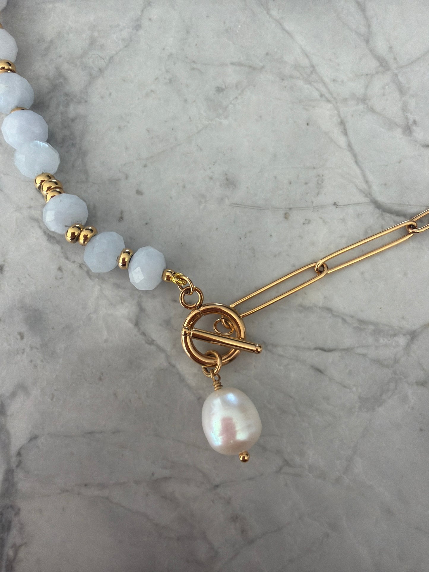 Pale Grey Blue Beaded Statement Necklace with Pearl Pendant - feature clasp