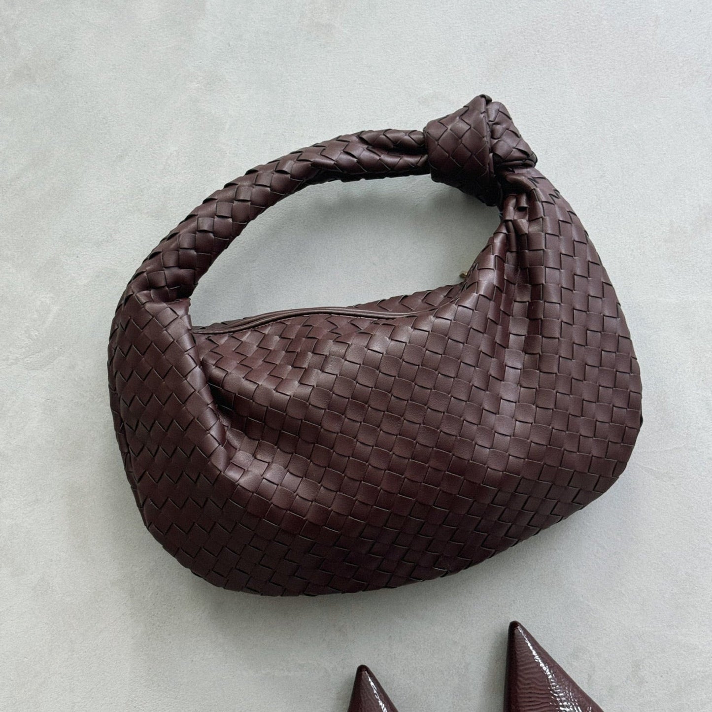 Genuine Leather Weave Bag with Knot - Burgundy