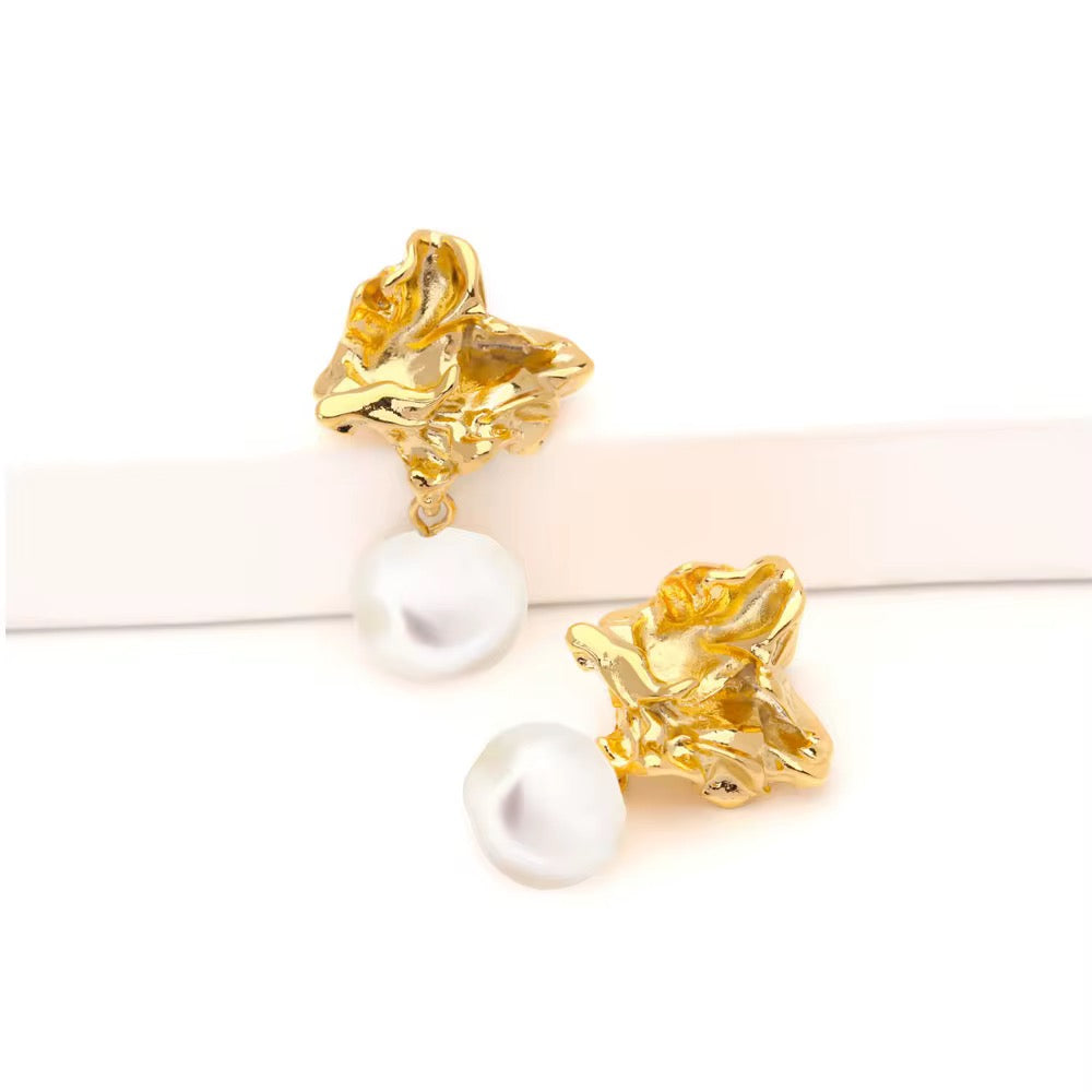 24k Lava Gold Nugget Natural Pearl Earrings