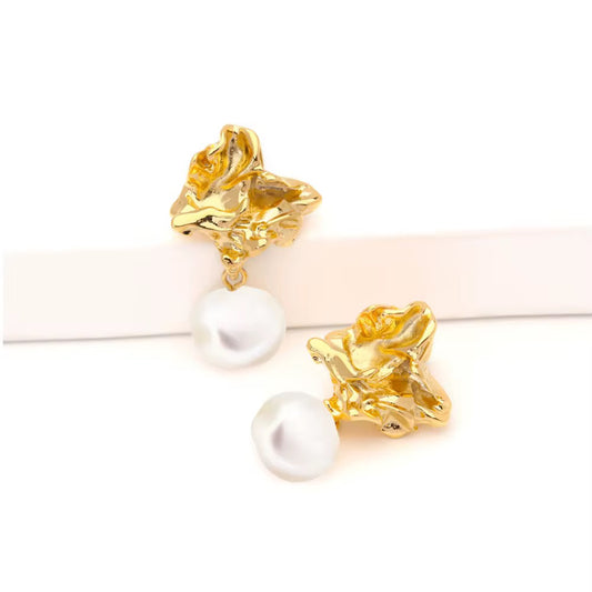 24k Lava Gold Nugget Pearl Earrings