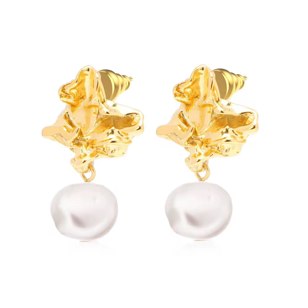 24k Lava Gold Nugget Natural Pearl Earrings