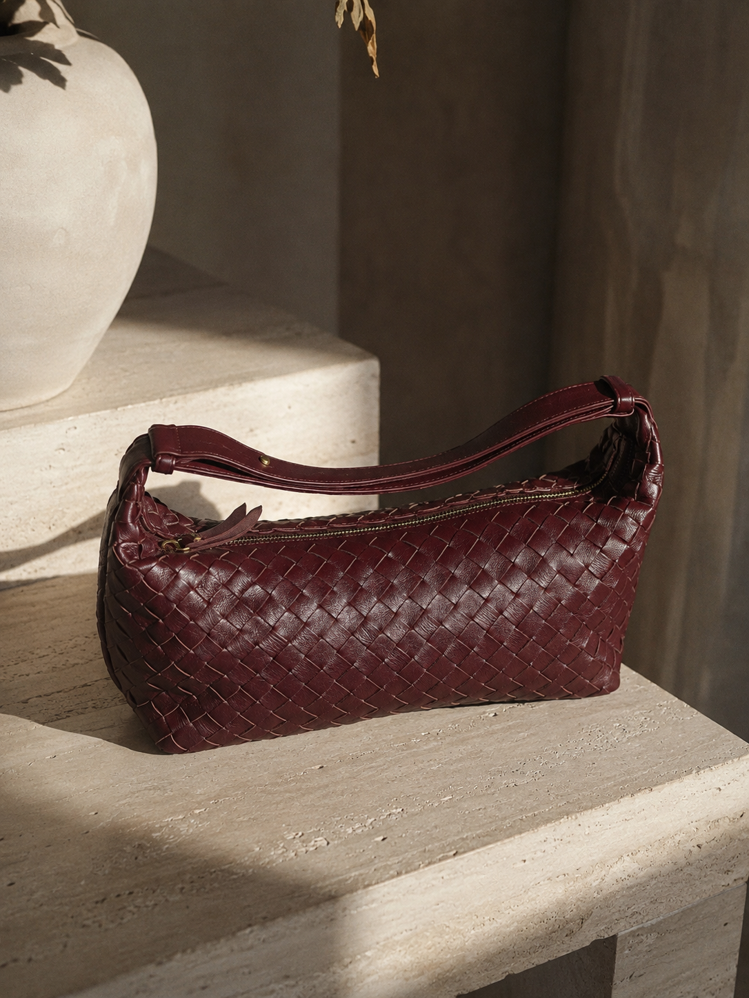 Arabella Deep Burgundy Leather East West Weave Bag