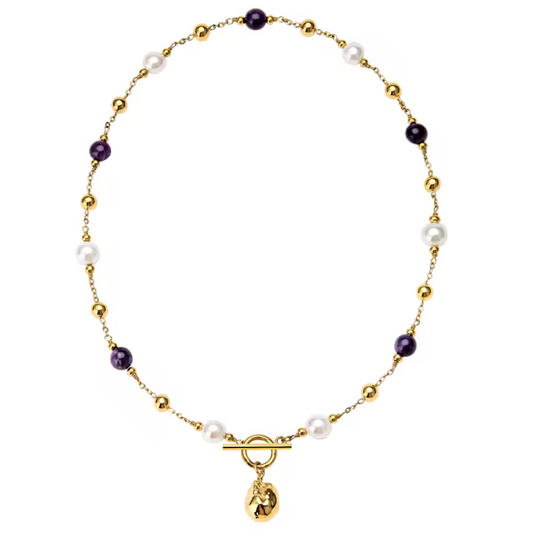 Natural Pearls & Amethyst Stone Necklace — Gold Pendant | 18K Gold