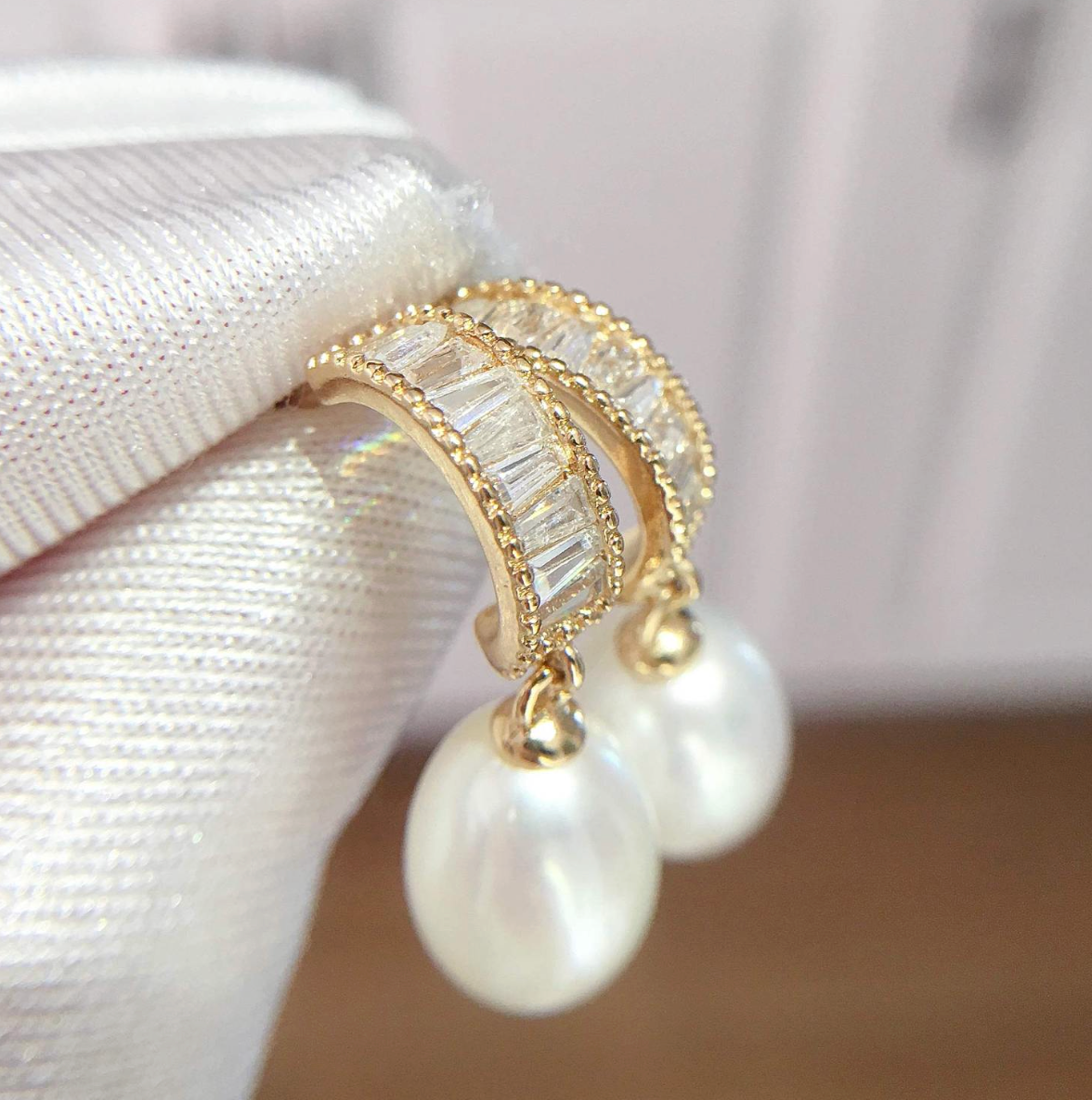 Crystal Pearl Hoop Drop Bridal Earrings