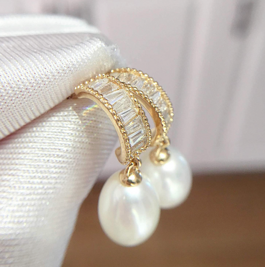 Crystal Pearl Hoop Drop Bridal Earrings | 18k Gold-Coated