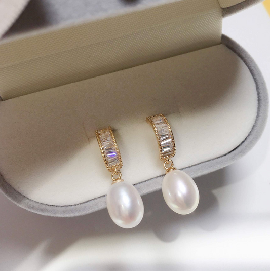 Crystal Pearl Hoop Drop Bridal Earrings | 18k Gold-Coated