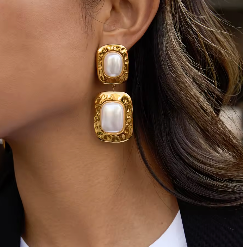 Statement Egyptian Goddess Rectangle Pearl Earrings Gold