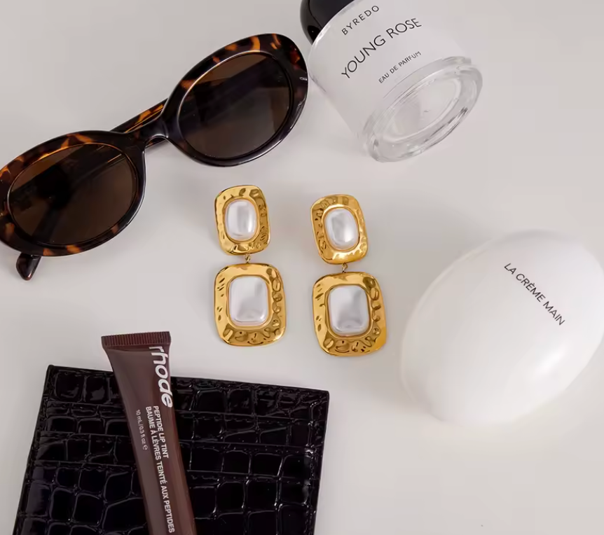 Statement Egyptian Goddess Rectangle Pearl Earrings Gold