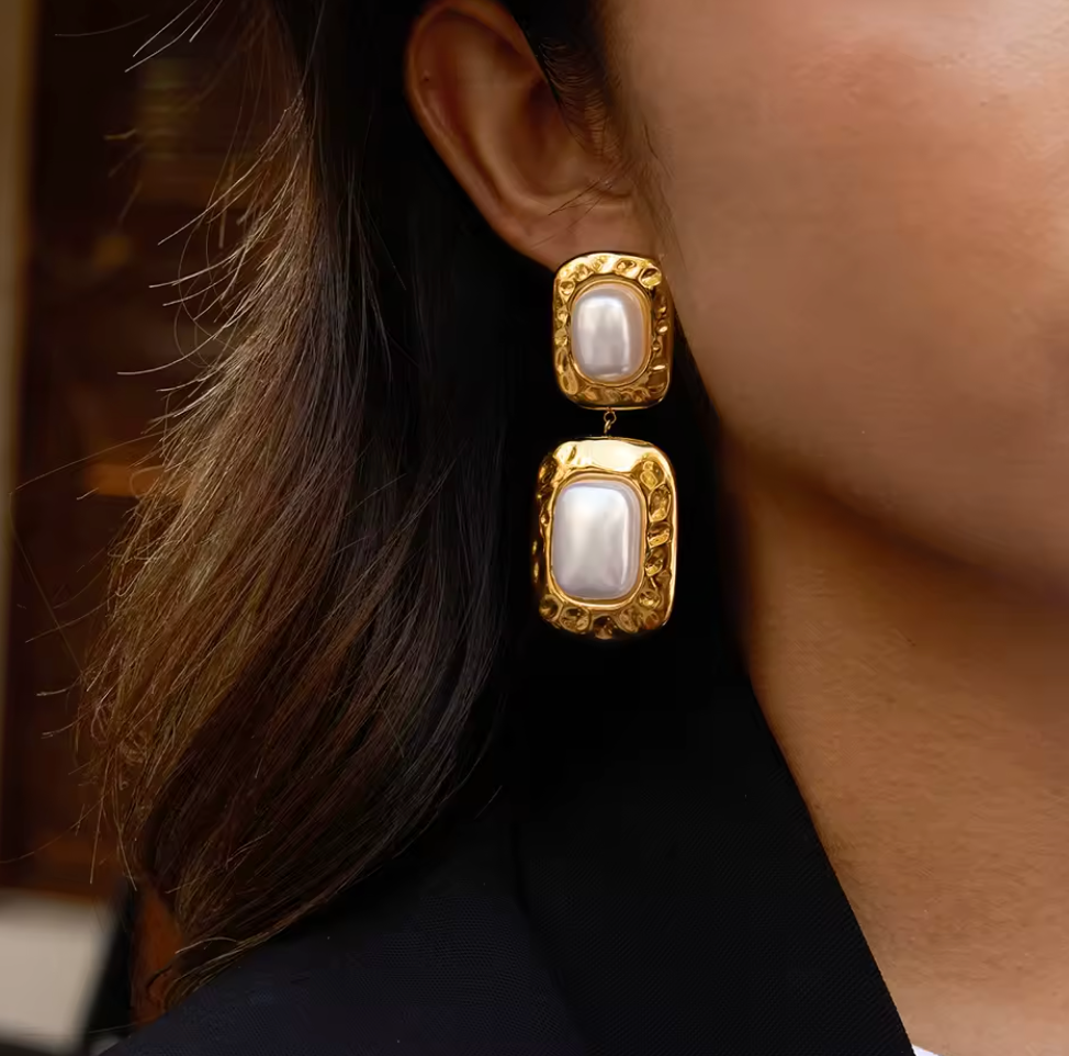 Statement Egyptian Goddess Rectangle Pearl Earrings Gold