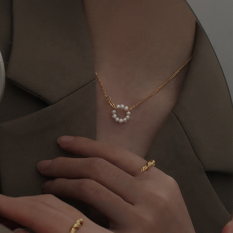 Pre-order Pearl Gold Twin Circle Pendant Necklace
