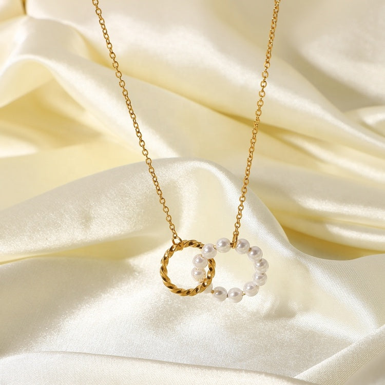 Pre-order Pearl Gold Twin Circle Pendant Necklace